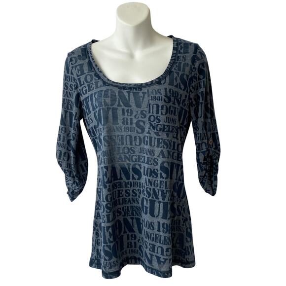 Vintage Y2K Guess Logo Print Top Women Size M Navy Fitted Paper Thin Half Sleeve - Picture 1 of 10